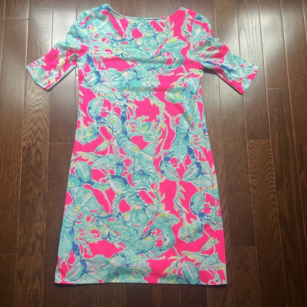 Lilly Pulitzer Belden Pink/Teal Gathered Sleeve T-Shirt Dress-XS